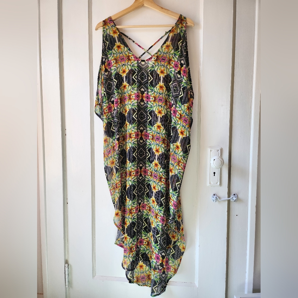 ASTR Sheer Floral-Geometric Cold-Shoulder Swim Coverup Kaftan Dress Tropical